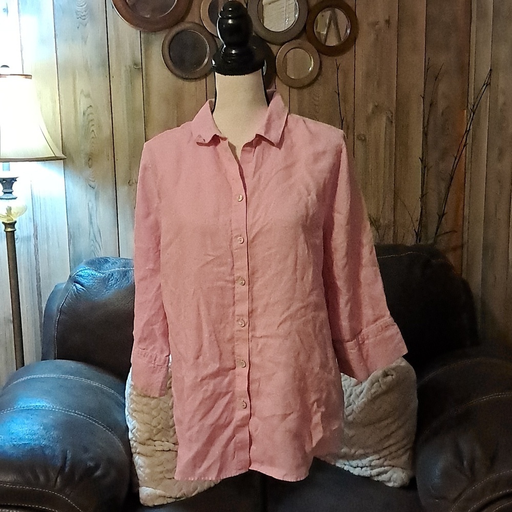 Chico's Women's No-Iron Linen High-Low Shirttail-Hem Tunic Top Pink Size 2